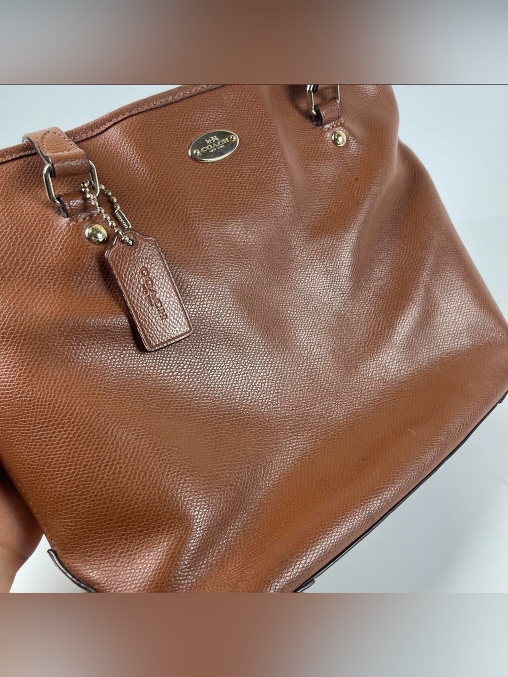 Coach Brown Pebbled Leather Tote with Logo Tag